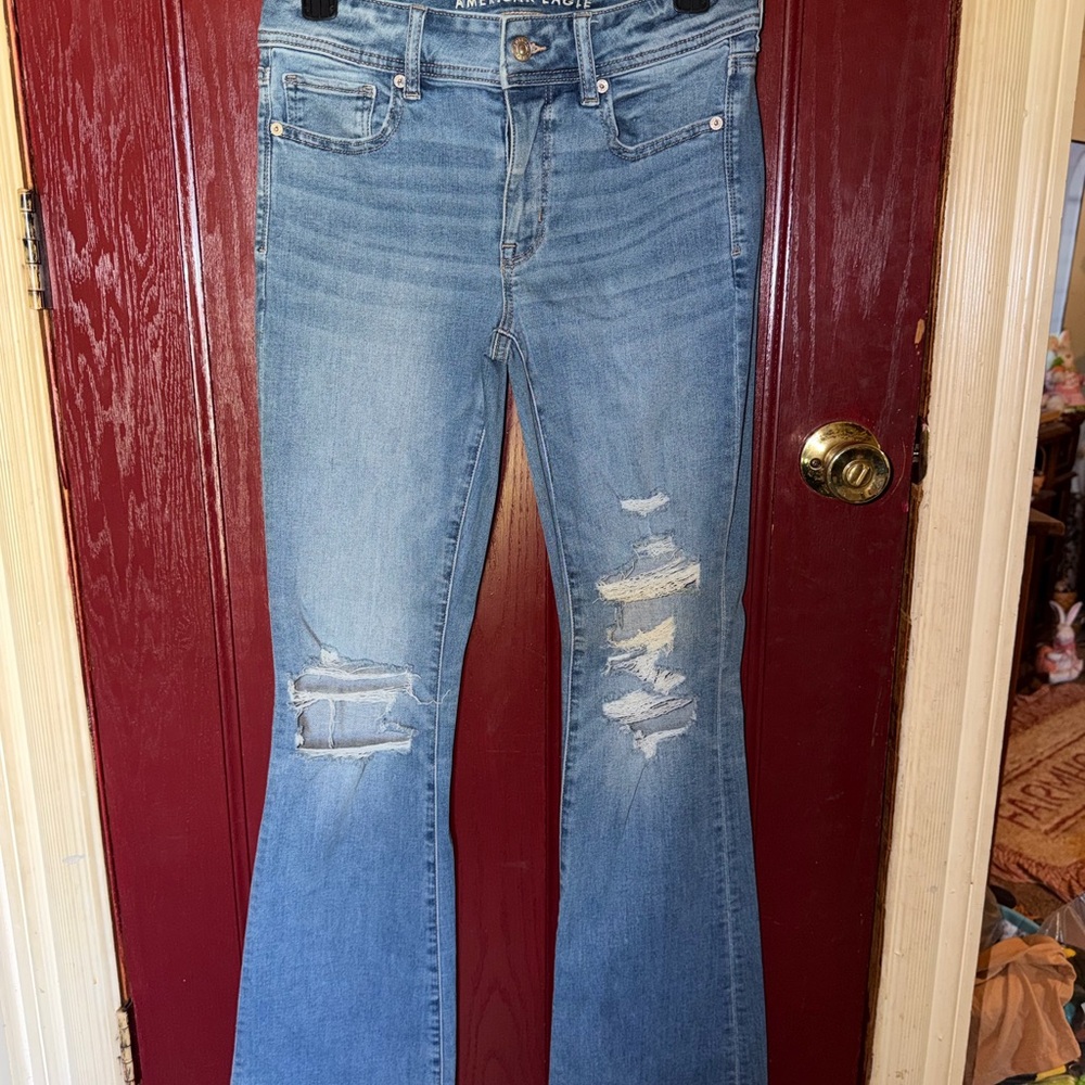 American Eagle Outfitters Light Blue Distressed Flare Jeans